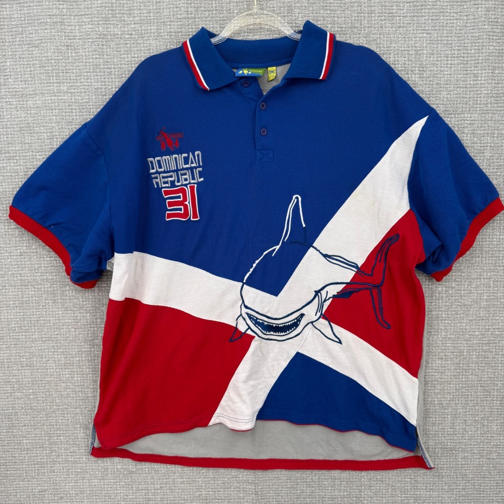Vtg Star Company Dominican Republic‎ Shark Polo Shirt Men's 2XL Blue Red White